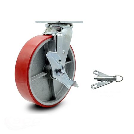 Service Caster 8 Inch Red Poly on Cast Iron Caster with Ball Bearing and Brake/Swivel Lock SCC SCC-30CS820-PUB-RS-TLB-BSL